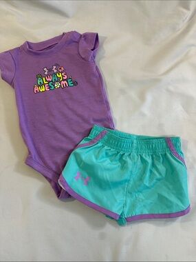Under Armour NWOT Purple & Teal "Always Awesome" Bodysuit and Shorts Set